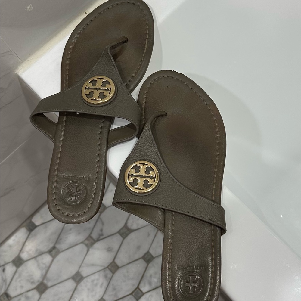 Tory Burch taupe and gold leather sandals